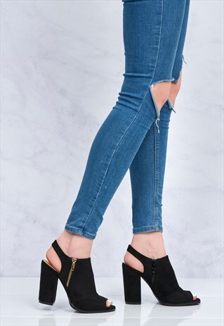 ZIP DETAIL OPENTOE SHOEBOOT IN BLACK SUEDE