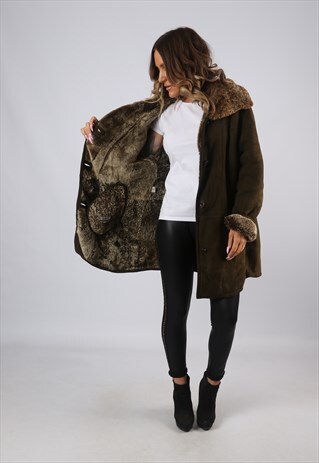 SHEEPSKIN SUEDE LEATHER SHEARLING COAT UK 16 XL (CJ2Z)
