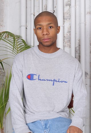 VINTAGE CHAMPION PRINT LOGO LONG SLEEVED T-SHIRT GREY