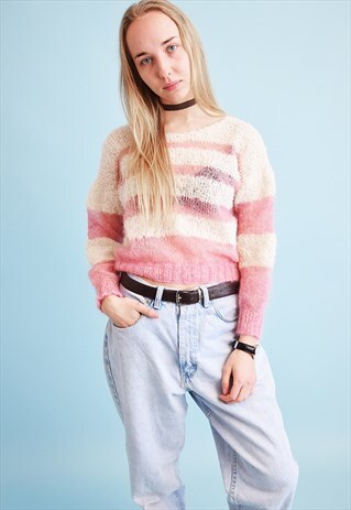 80'S RETRO STRIPED FLUFFY KNIT SHEER CROP JUMPER TOP