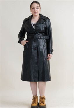 Vintage 90s Grunge Belted Button Up Black Leather Coat Women