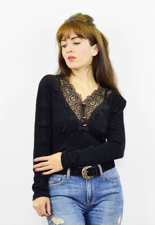 VINTAGE 90S BLACK TEXTURED LACE TRIM BODYSUIT