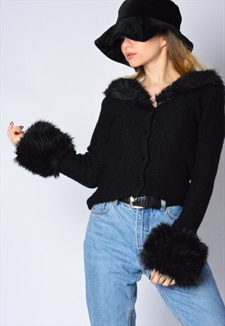 VINTAGE 90S BLACK FAUX FUR SASSY CARDIGAN