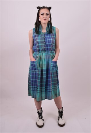VINTAGE 80'S BLUE GINGHAM SUMMER SLEEVELESS DRESS 10 12