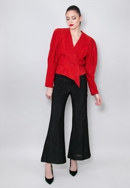 80's Red Suede Puff Sleeve Ladies Vintage Belted Jacket