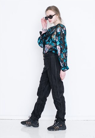 VINTAGE BLACK HAIGH WAIST STRIPED RETRO TROUSERS