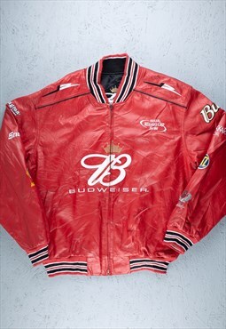 90s Rare NASCAR Red Budweiser Leather Racing Jacket - B2269