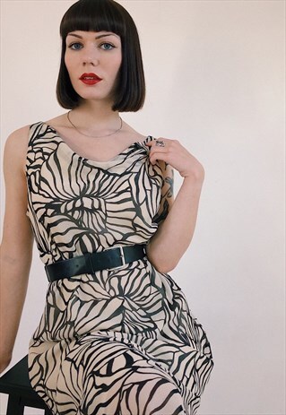 90S VINTAGE CREAM AND BLACK MIDI DRESS