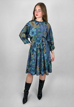 80's Vintage Blue Green Abstract Batwing Skater Dress