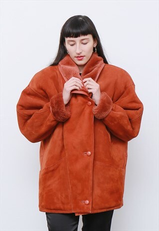 VINTAGE 1980'S SHEEPSKIN SHEARLING SUEDE AVIATOR FLYING COAT