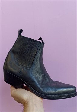 Vintage black real leather men Cuban heel boots
