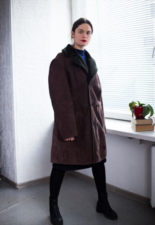VINTAGE 80'S BROWN SHEEPSKIN SUEDE LEATHER SHEARLING COAT