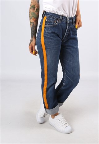 LEVIS 501'S DENIM JEANS REWORKED SIDE STRIPE UK 8 - 10 (3AD)