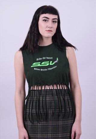 REWORKED GREEN TASSLED FESTIVAL T SHIRT SIZE 10 TO 12