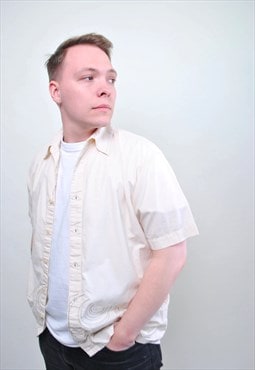Y2K beige shirt, 00s embroidered summer short sleeve button 
