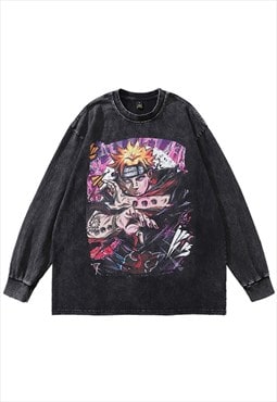 Anime t-shirt vintage wash top Naruto long tee Japanese top