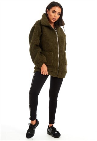 KHAKI BORG FAUX FUX TEDDY JACKET