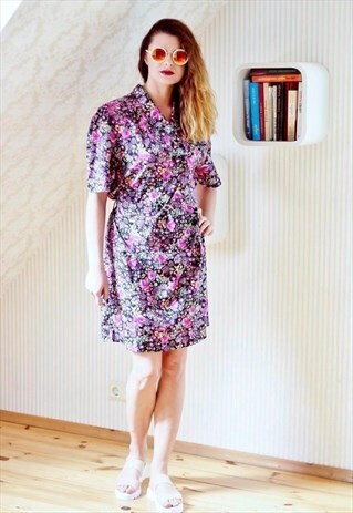 BRIGHT PURPLE FLORAL BELTED DRESS