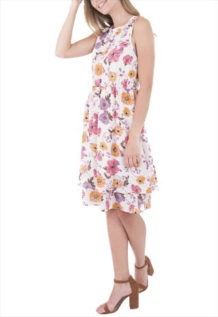 MULTICOLOURED FLORAL PRINT ELASTICATED WAIST DRESS