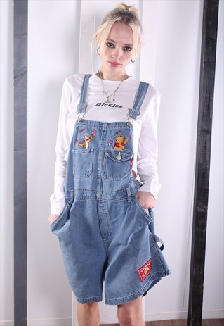 VINTAGE 90S LIGHT BLUE WINNIE THE POOH SHORT DENIM DUNGAREES
