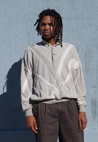 90S MINIMALIST SKATER BEIGE OPEN KNIT POLO SWEATER