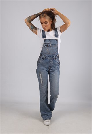 VINTAGE DENIM DUNGAREES FLARED SHORT PETITE UK 6 - 8 XS JFFE