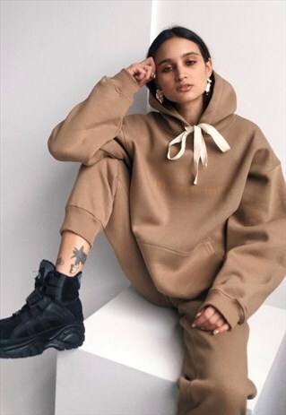 CAMEL OVERSIZED FLEECE HOODY WITH SLOGAN