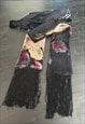 70'S VINTAGE VELVET BLACK FLORAL SKINNY TASSEL SCARF