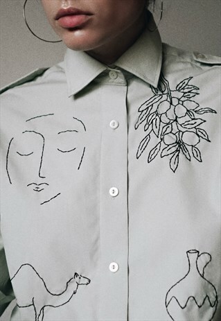 HAND EMBROIDERED OLIVE GREEN SHIRT.