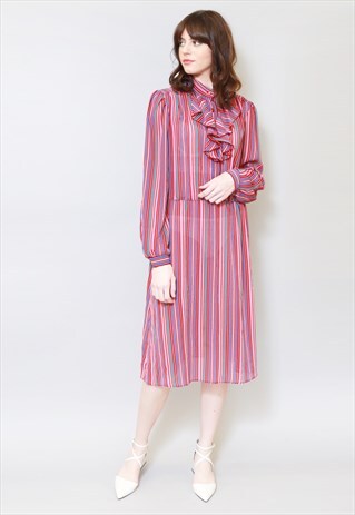 VINTAGE 1970'S STRIPED PINK & RED RUFFLED FOLK MIDI DRESS