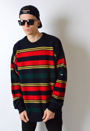 VINTAGE 90S COLOURFUL KNIT STRIPED DROP SHOULDER JUMPER