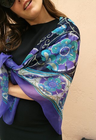 VINTAGE 90S SOFT LONG FLORAL SEE THROUGH SCARF IN PURPLE