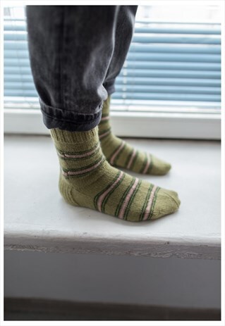 GREEN STRIPED HANDMADE KNITTED WOOL SOCKS