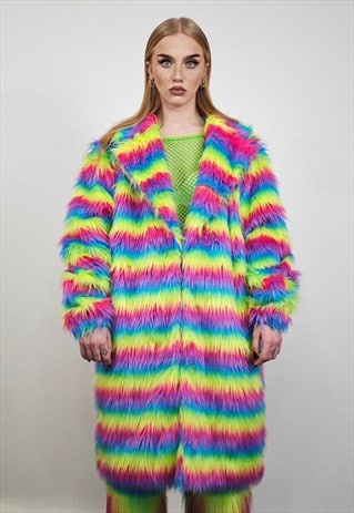 Rainbow shaggy fur coat rave striped festival trench jacket