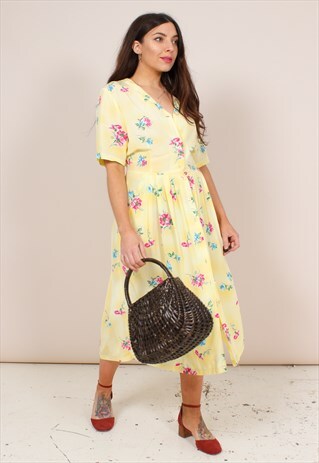 VINTAGE 80S FLORAL PRINT THIGH SPLIT MIDI DRESS