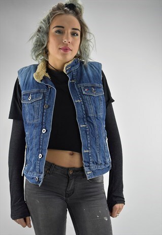 VINTAGE TOMMY HILFIGER SHEARLING LINED SLEEVELESS DENIM JKT