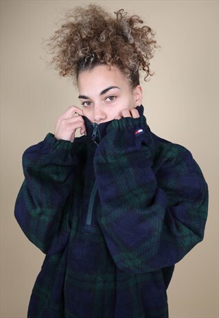 TOMMY HILFIGER REVERSIBLE TARTEN WINTER FLEECE HALF ZIP