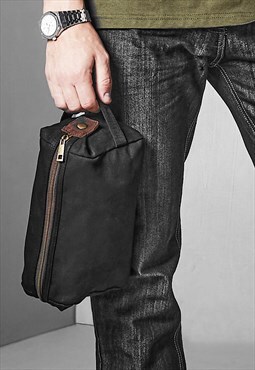 Premium Waxed Leather Canvas Wash Bag - Black/Brown