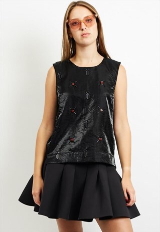90S VINTAGE BLACK SLEEVELESS EMBELLISHED TANK TOP