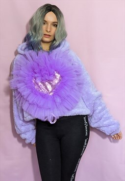 Lilac Sweet Heart Cuddly Cropped Fleece Hoodie