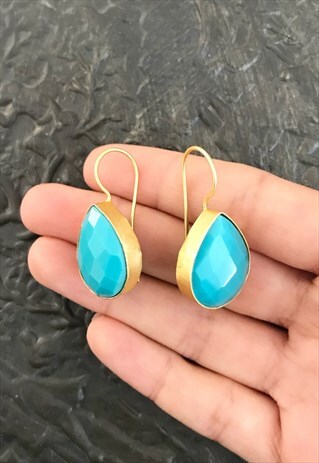 BRASS GOLD PEAR DROP EARRINGS FAUX TURQUOISE GEMSTONE