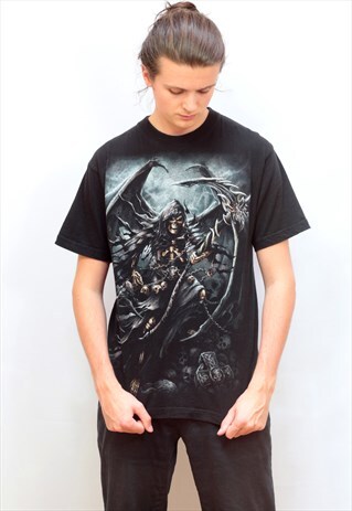 1990'S VINTAGE BLACK GRAPHIC 'REAPER' PRINT T-SHIRT