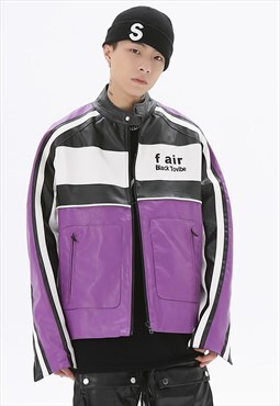 Colour block race jacket faux leather grunge varsity purple