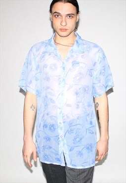 Vintage 90s floral print see-through summer shirt in blue