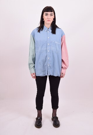 VINTAGE 90'S DENIM SHIRT MERCEDES BENZ POCKET UNISEX LARGE