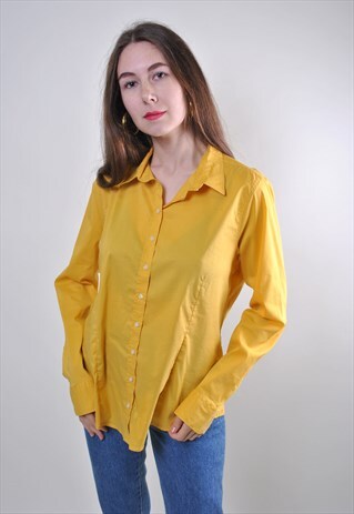 VINTAGE WOMAN BRIGHT YELLOW MINIMALIST LONG SLEEVE BLOUSE