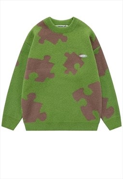 Puzzle sweater knitted game jumper retro preppy top green