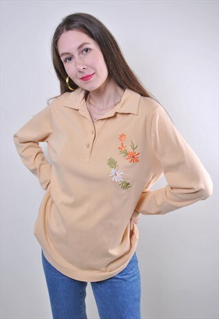 80S YELLOW COLLARED SWEATSHIRT WITH RETRO FLOWERS EMBROIDER