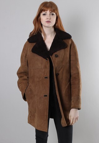 VINTAGE 90S TAN BROWN SHEEPSKIN SUEDE COAT JACKET