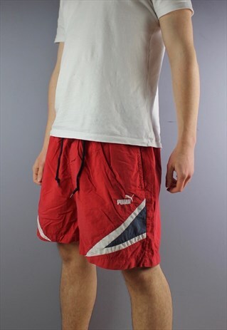 VINTAGE PUMA SHORTS IN RED WITH POCKETS, EMBROIDERED LOGO AN